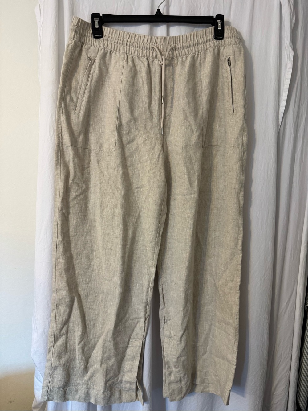 Athleta Linen 💯 % Linen Drawstring Wide-Leg Pants in Neutral Beige Size XL.